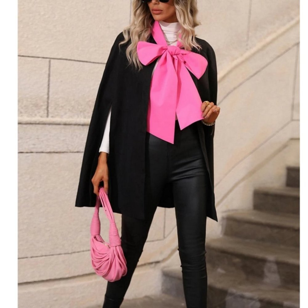 Pink Bow Tie Black Cloak Sleeve Cape Coat Jacket - Picture 6 of 7